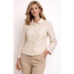 Talbots Womens Cream Tweed Wool Blend Button Front Jacket  8 Off White old money